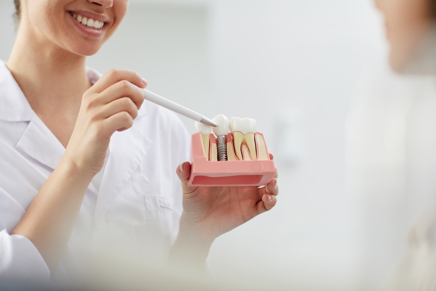 Dentist demonstrates dental implants with a dummy.